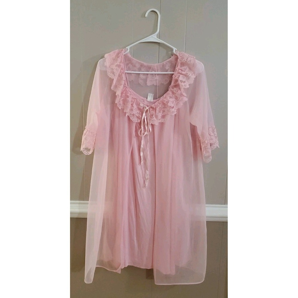 Vtg MOVIE STAR Pink Lingerie Dress Nightgown & Sheer Robe Peignoir Set Large